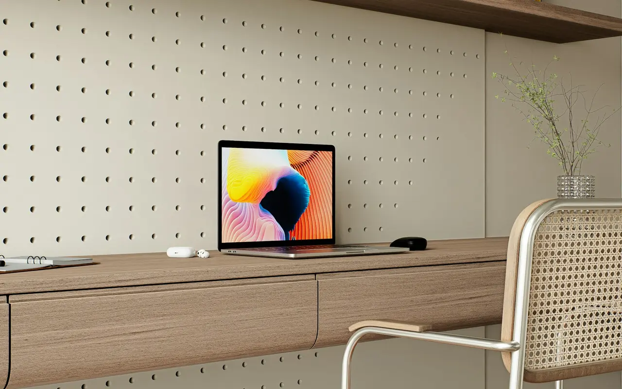 Home office with a laptop on a wooden desk