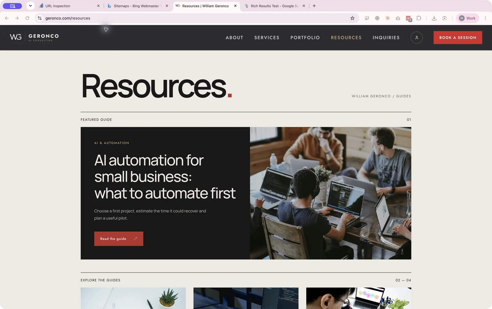 Geronco Resources library in Chrome with guide cards and the existing header and footer